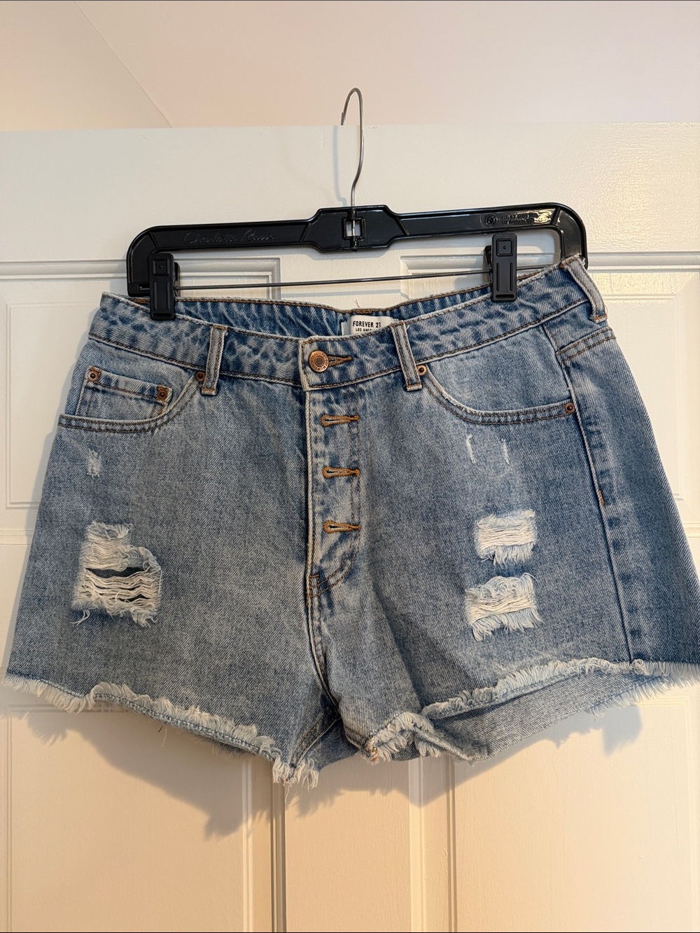 Forever 21 Light Blue Distressed High-Rise Denim Shorts